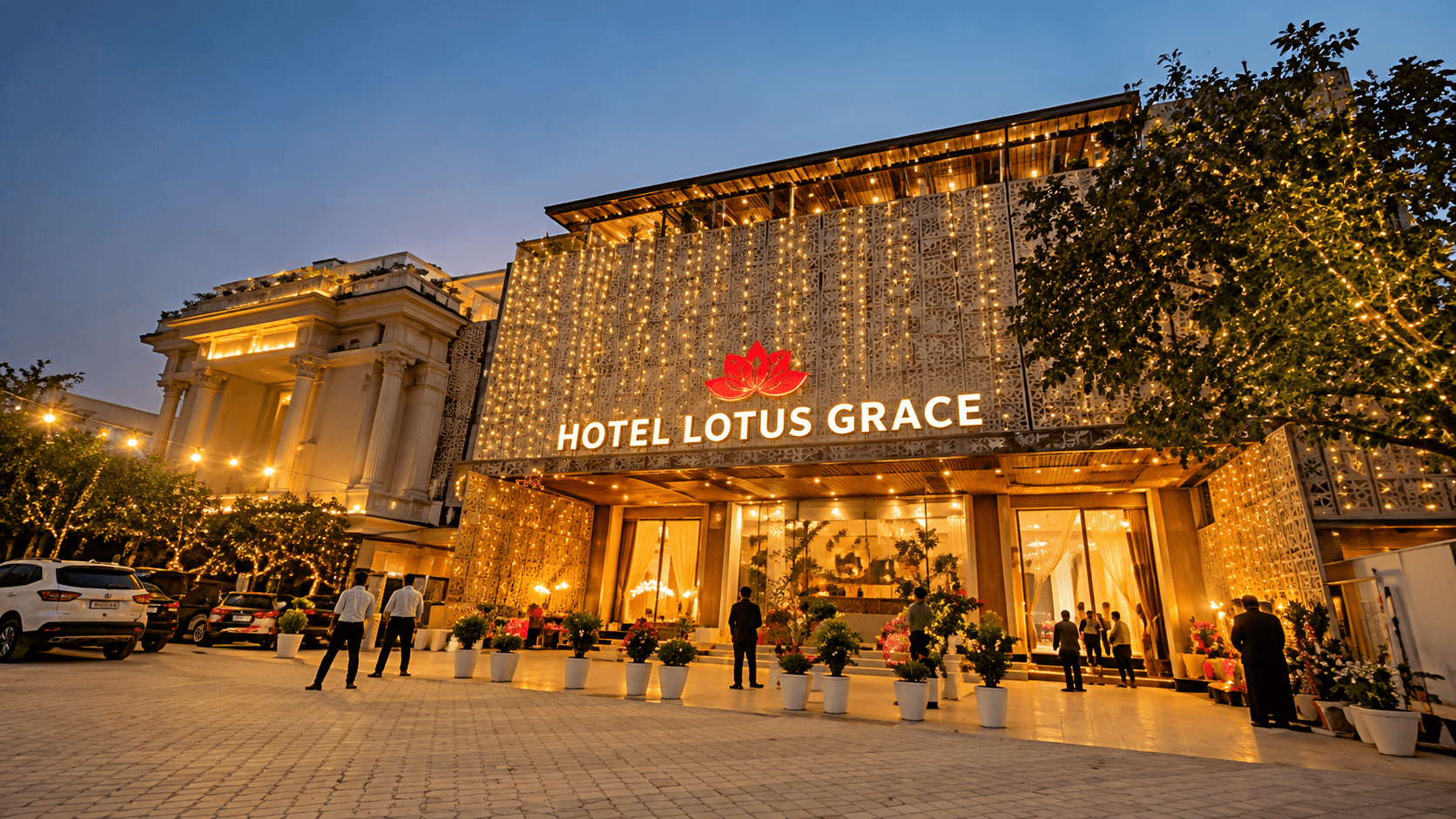 Grand chandeliered banquet hall at Hotel Lotus Grace